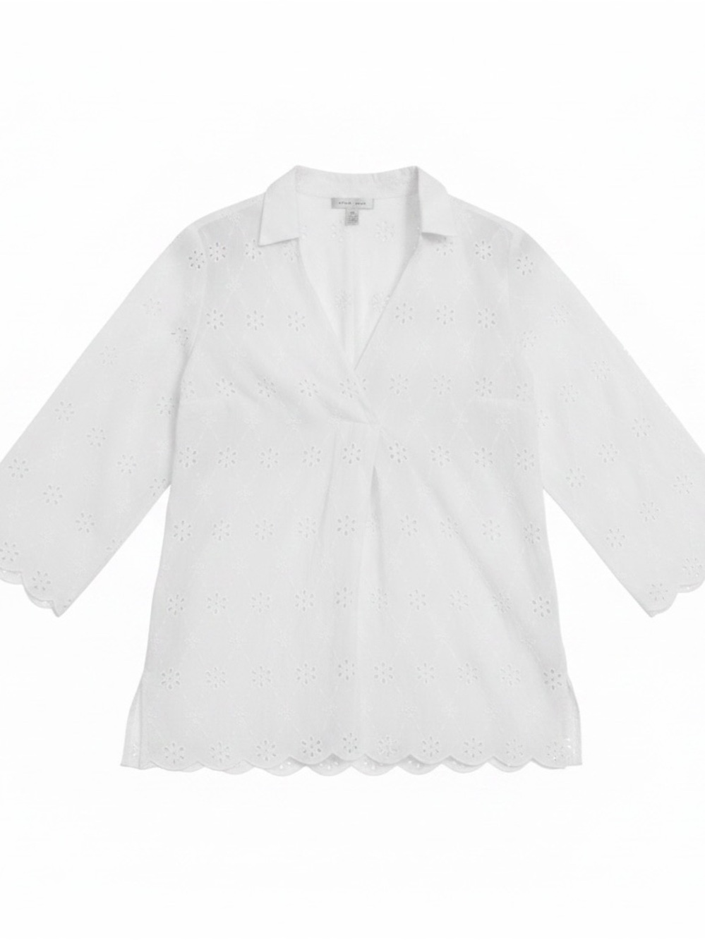 Liz Claiborne White Eyelet V-Neck Tunic with Scallop Hem